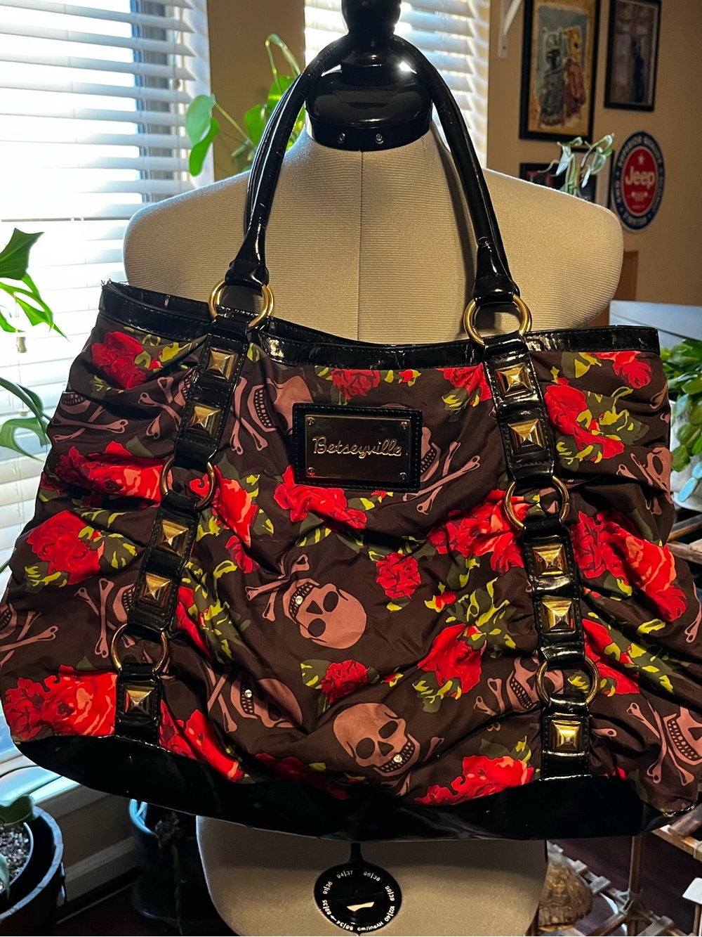 Betsey Johnson Black Tote with Red Rose & Skull Pattern